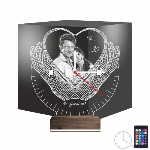 Kalp Sevgiliye Hediye V5 Fotoğraflı Saatli 3D Lamba - Masa G…
