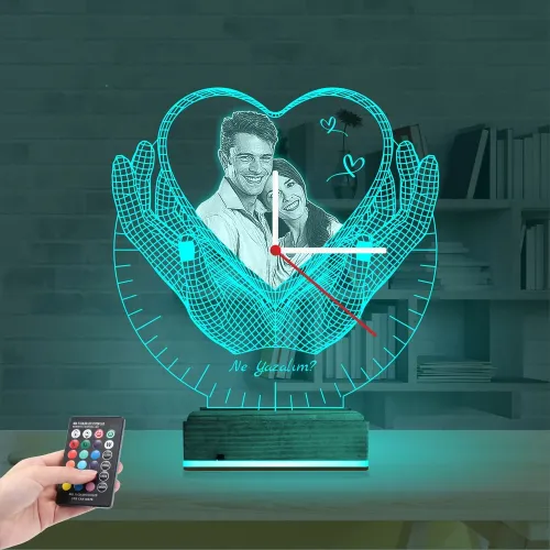 Kalp Sevgiliye Hediye V5 Fotoğraflı Saatli 3D Lamba - Masa Gece Lambası