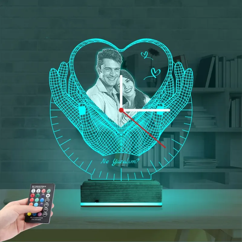 Kalp Sevgiliye Hediye V5 Fotoğraflı Saatli 3D Lamba - Masa Gece Lambası