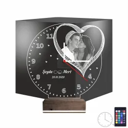 Kalp Sevgiliye Hediye V7 Fotoğraflı Saatli 3D Lamba - Masa Gece Lambası
