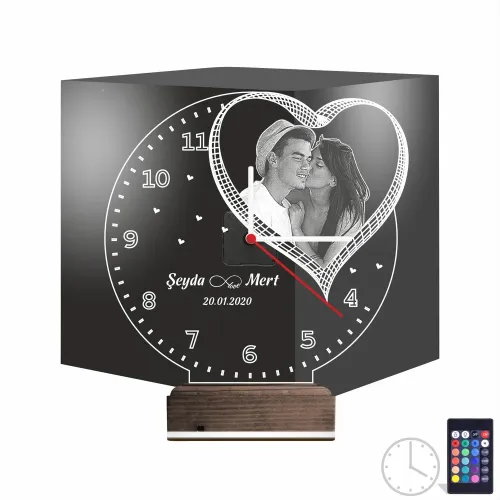 Kalp Sevgiliye Hediye V7 Fotoğraflı Saatli 3D Lamba - Masa G…