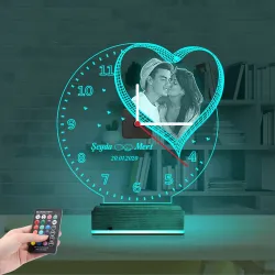 Kalp Sevgiliye Hediye V7 Fotoğraflı Saatli 3D Lamba - Masa Gece Lambası