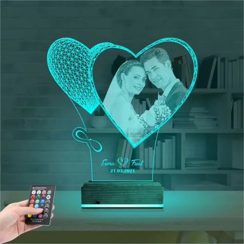 Kalp Sevgiliye Hediye Fotoğraflı 3D Lamba - Masa Gece Lambası