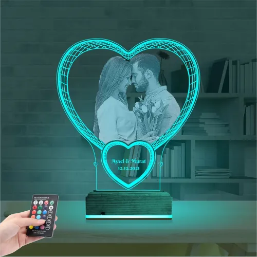 Kalp Sevgiliye Hediye Fotoğraflı 3D Lamba - Masa Gece Lambası