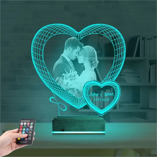 Kalp Sevgiliye Hediye Fotoğraflı 3D Lamba - Masa Gece Lambası