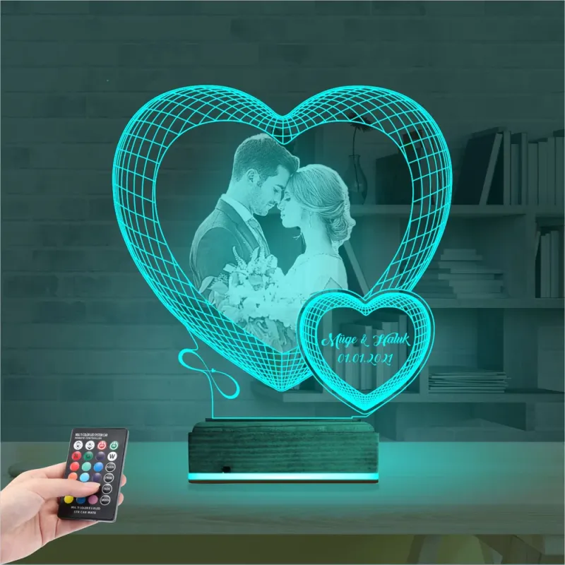 Kalp Sevgiliye Hediye Fotoğraflı 3D Lamba - Masa Gece Lambası