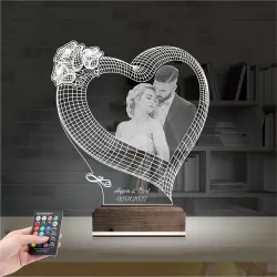 Kalp Gül Sevgiliye Hediye Fotoğraflı 3D Lamba - Masa Gece Lambası
