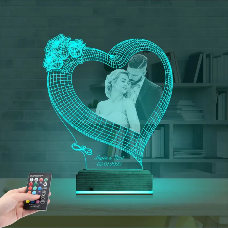 Kalp Gül Sevgiliye Hediye Fotoğraflı 3D Lamba - Masa Gece Lambası