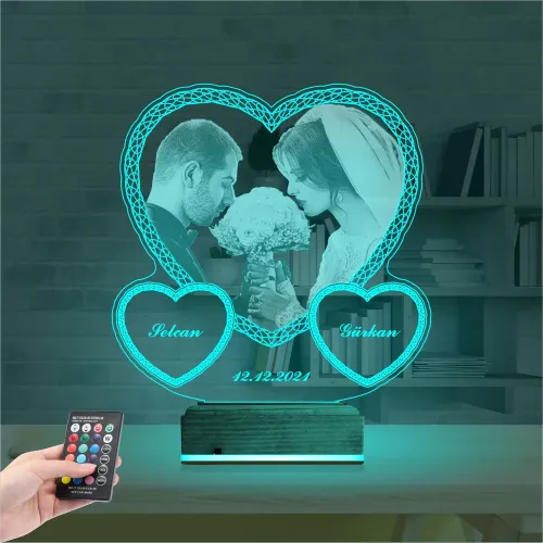 Kalp Sevgiliye Hediye Fotoğraflı 3D Lamba - Masa Gece Lambası