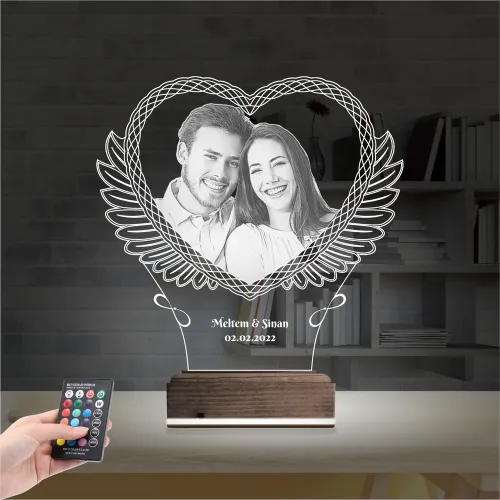 Kalp Melek Sevgiliye Hediye Fotoğraflı 3D Lamba - Masa Gece …