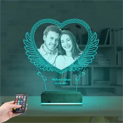 Kalp Melek Sevgiliye Hediye Fotoğraflı 3D Lamba - Masa Gece Lambası