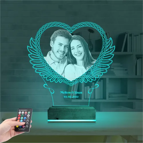 Kalp Melek Sevgiliye Hediye Fotoğraflı 3D Lamba - Masa Gece …