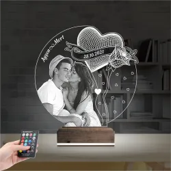 Kalp Gül Sevgiliye Hediye Fotoğraflı 3D Lamba - Masa Gece Lambası