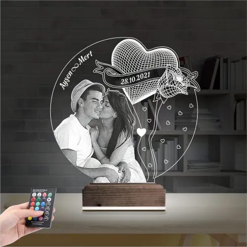 Kalp Gül Sevgiliye Hediye Fotoğraflı 3D Lamba - Masa Gece La…