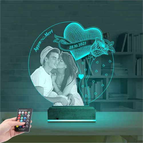 Kalp Gül Sevgiliye Hediye Fotoğraflı 3D Lamba - Masa Gece La…
