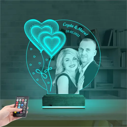 Kalp Sevgiliye Hediye Fotoğraflı 3D Lamba - Masa Gece Lambası