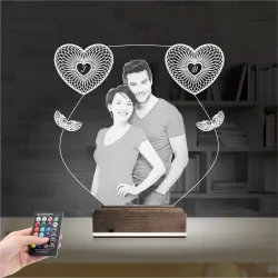 Kalp Melek Sevgiliye Hediye Fotoğraflı 3D Lamba - Masa Gece Lambası
