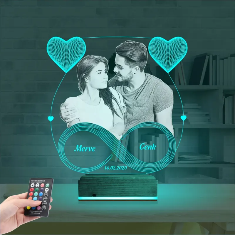 Kalp Sevgiliye Hediye Fotoğraflı 3D Lamba - Masa Gece Lambası