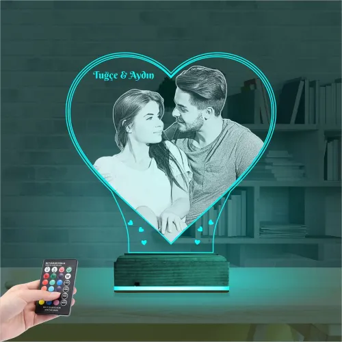 Kalp Sevgiliye Hediye Fotoğraflı 3D Lamba - Masa Gece Lambası