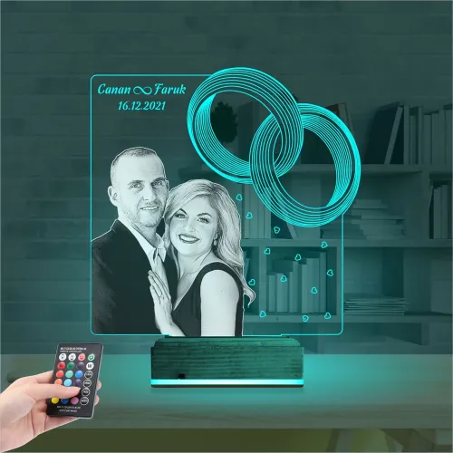 Yüzük Alyans Yıl Dönümü Fotoğraflı 3D Lamba - Masa Gece Lambası