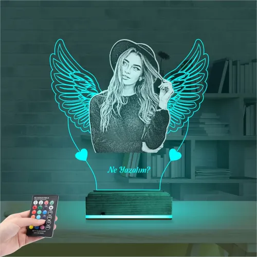 Kalp Melek Sevgiliye Hediye Fotoğraflı 3D Lamba - Masa Gece …