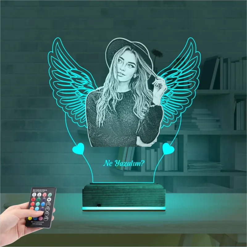 Kalp Melek Sevgiliye Hediye Fotoğraflı 3D Lamba - Masa Gece Lambası