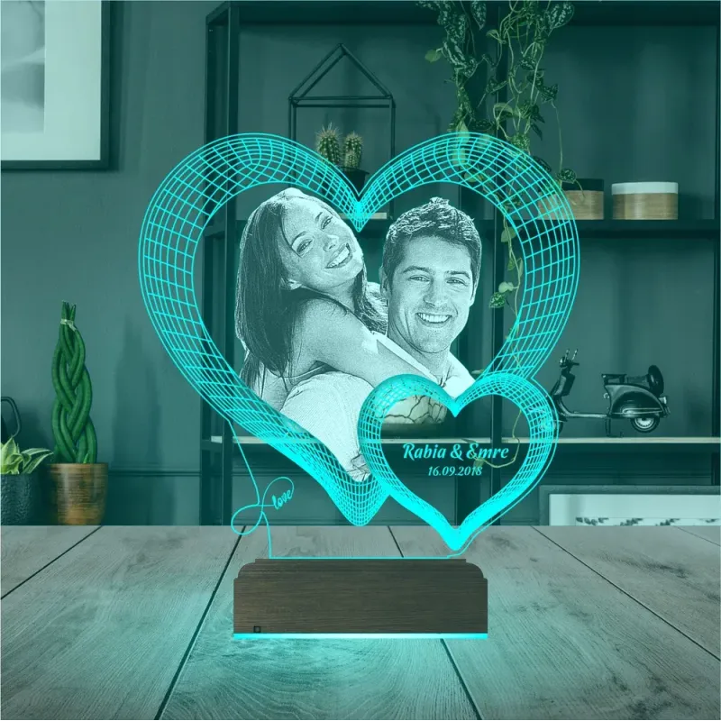 Kalp Sevgiliye Hediye Fotoğraflı 3D Lamba - Masa Gece Lambası