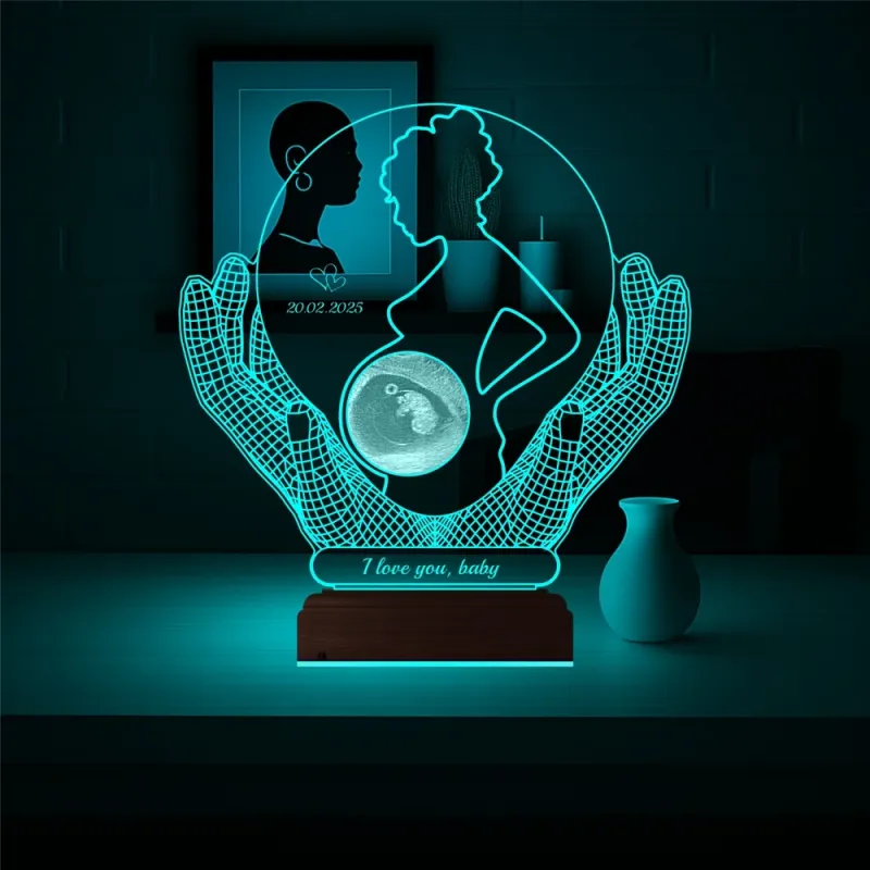 Ultrason Anneye Hediye Fotoğraflı 3D Lamba - Masa Gece Lambası