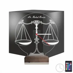 Avukat Hukuk Terazi Kişiye Özel Saatli 3D Lamba - Masa Gece Lambası