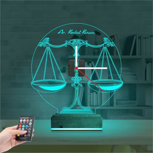 Avukat Hukuk Terazi Kişiye Özel Saatli 3D Lamba - Masa Gece Lambası