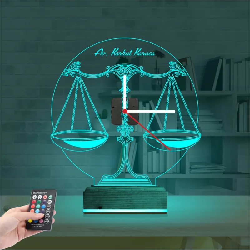 Avukat Hukuk Terazi Kişiye Özel Saatli 3D Lamba - Masa Gece Lambası