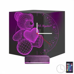 Kalp Ayıcık Kişiye Özel Saatli 3D Lamba - Masa Gece Lambası