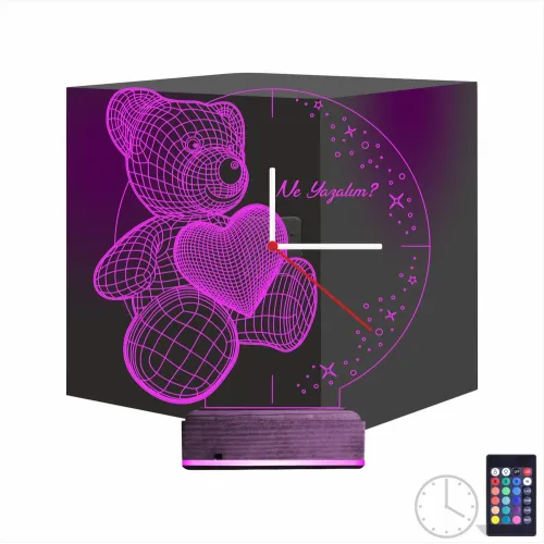Kalp Ayıcık Kişiye Özel Saatli 3D Lamba - Masa Gece Lambası