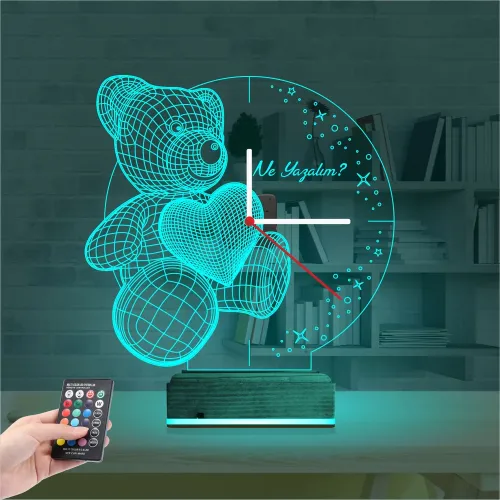 Kalp Ayıcık Kişiye Özel Saatli 3D Lamba - Masa Gece Lambası