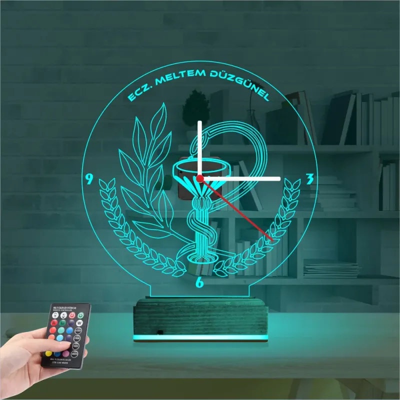 Eczane Eczacı Hediye Kişiye Özel Saatli 3D Lamba - Masa Gece Lambası