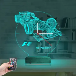 Formula F1 Yarış Arabası Kişiye Özel Saatli 3D Lamba - Masa Gece Lambası
