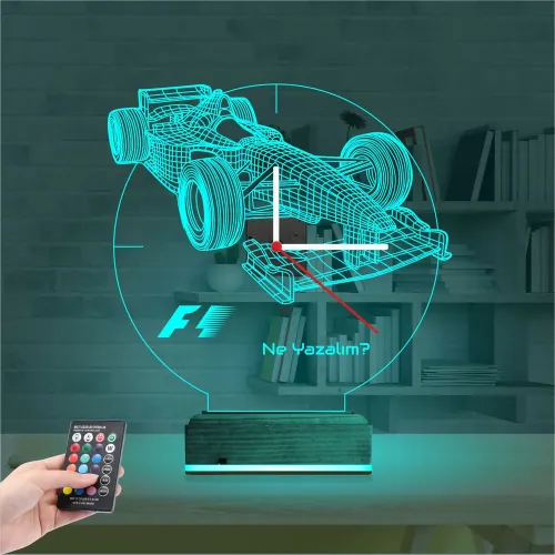Formula F1 Yarış Arabası Kişiye Özel Saatli 3D Lamba - Masa Gece Lambası