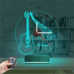 Gitar Müzik Nota Kişiye Özel Saatli 3D Lamba - Masa Gece Lambası
