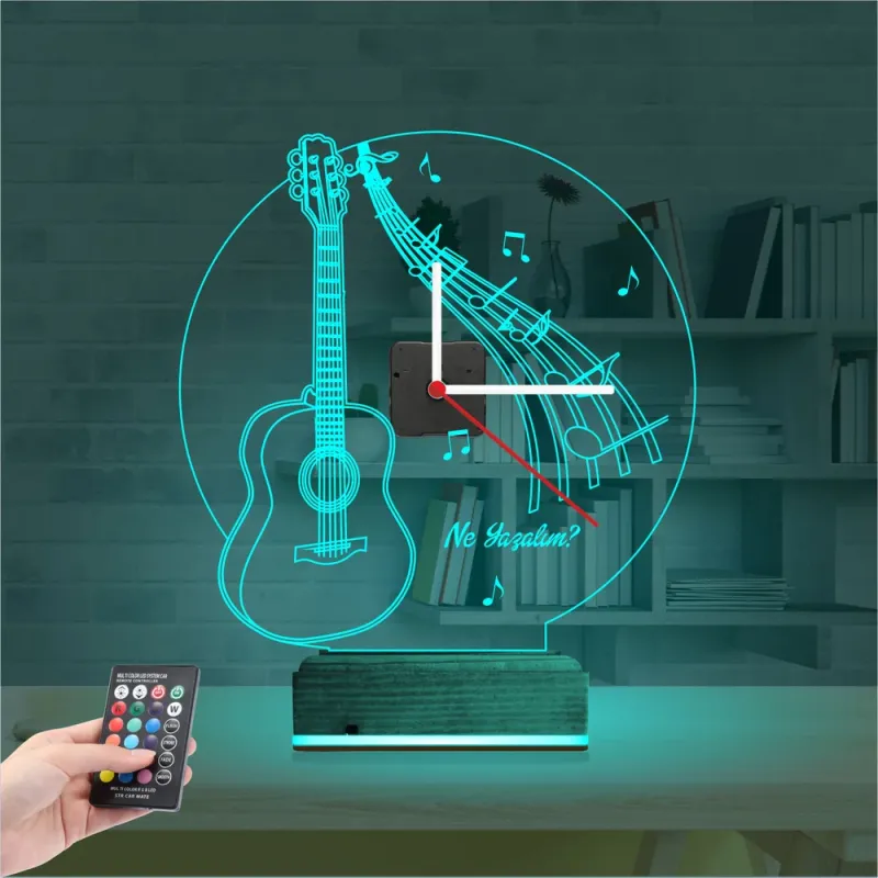 Gitar Müzik Nota Kişiye Özel Saatli 3D Lamba - Masa Gece Lambası