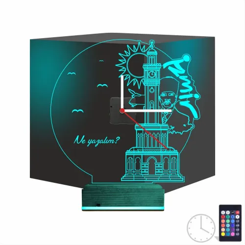 İzmir Saat Kulesi Atatürk Kişiye Özel Saatli 3D Lamba - Masa…