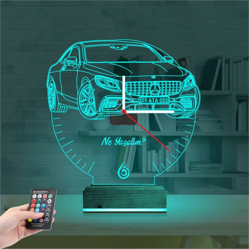 Mercedes Araba Kişiye Özel Saatli 3D Lamba - Masa Gece Lambası