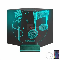 Müzik Nota Mikrofon Kişiye Özel Saatli 3D Lamba - Masa Gece Lambası