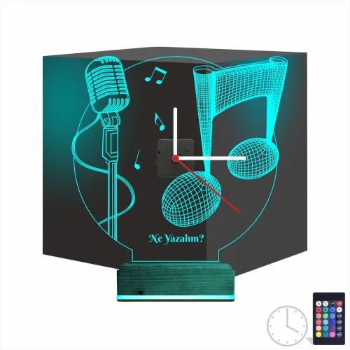 Müzik Nota Mikrofon Kişiye Özel Saatli 3D Lamba - Masa Gece …