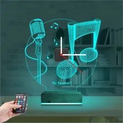 Müzik Nota Mikrofon Kişiye Özel Saatli 3D Lamba - Masa Gece Lambası