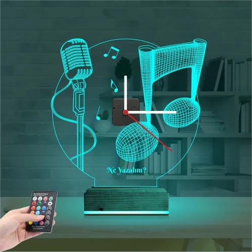 Müzik Nota Mikrofon Kişiye Özel Saatli 3D Lamba - Masa Gece …