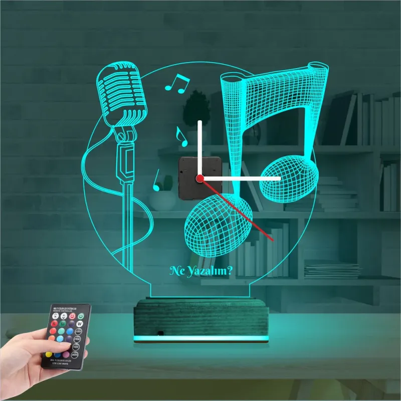 Müzik Nota Mikrofon Kişiye Özel Saatli 3D Lamba - Masa Gece Lambası