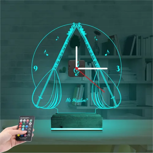 Saz Bağlama Nota Kişiye Özel Saatli 3D Lamba - Masa Gece Lam…
