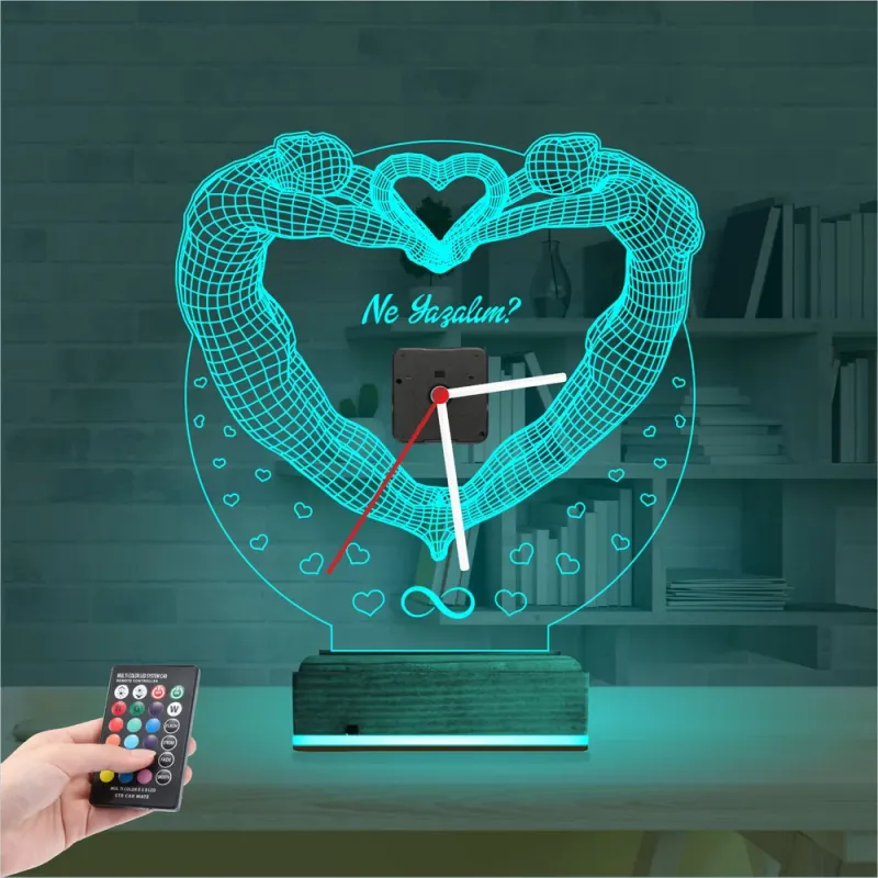 Sevgiliye Hediye Kalp V1 Kişiye Özel Saatli 3D Lamba - Masa Gece Lambası
