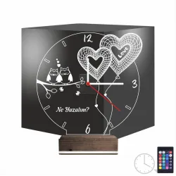Sevgiliye Hediye Kalp Baykuş Kişiye Özel Saatli 3D Lamba - Masa Gece Lambası