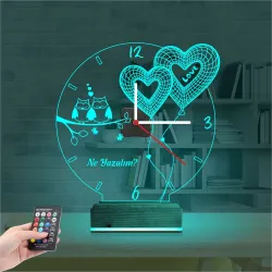 Sevgiliye Hediye Kalp Baykuş Kişiye Özel Saatli 3D Lamba - Masa Gece Lambası